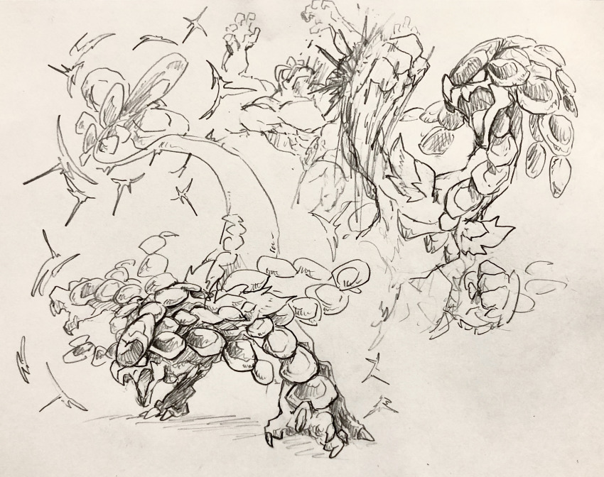 absurdres armor dragon dragon_claw dragon_tail extra_arms gen_1_pokemon gen_7_pokemon highres in_the_face jaw kommo-o machamp monochrome monster nintendo no_humans open_mouth pokemon pokemon_(creature) scale_armor scales tail uppercut waggy