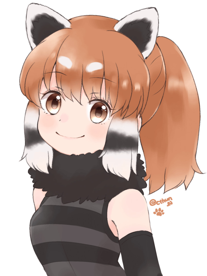 1girl animal_ears bare_shoulders black_hair brown_hair cthun_n elbow_gloves extra_ears gloves grey_hair highres kemono_friends long_hair looking_at_viewer multicolored_hair ponytail red_panda_(kemono_friends) red_panda_ears red_panda_girl scarf simple_background sleeveless smile solo sweater upper_body