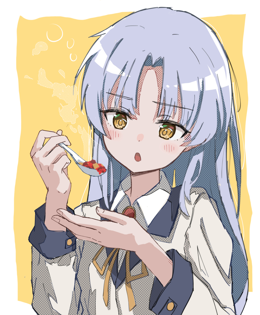 1girl :o angel_beats! blush border collared_shirt commentary_request eyes_visible_through_hair food grey_hair hands_up highres holding holding_spoon jacket long_hair long_sleeves looking_at_food mapo_tofu neck_ribbon open_mouth outside_border ribbon shirt sidelocks simple_background sketch solo spoon steam straight_hair tachibana_kanade traum upper_body white_border white_shirt yellow_background yellow_eyes yellow_jacket yellow_ribbon