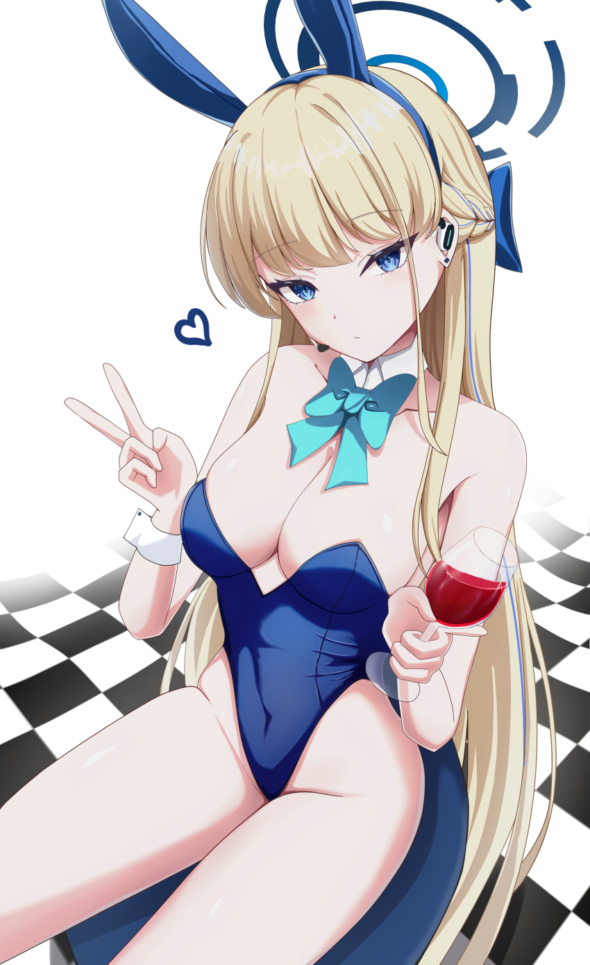 1girl absurdres animal_ears bare_shoulders blonde_hair blue_archive blue_bow blue_eyes blue_hairband blue_leotard bow bowtie braid breasts checkered_floor closed_mouth covered_navel cup detached_collar drinking_glass ear_piercing earpiece fake_animal_ears hairband halo heart highleg highleg_leotard highres holding holding_cup leotard long_hair medium_breasts microphone official_alternate_costume official_alternate_hairstyle piercing playboy_bunny rabbit_ears sitting thighs toki_(blue_archive) toki_(bunny)_(blue_archive) uaru v very_long_hair wine_glass wrist_cuffs