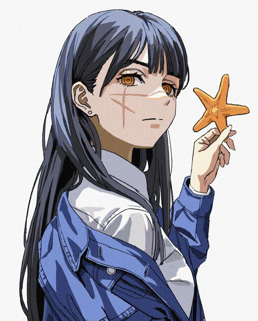 1girl black_hair chainsaw chainsaw_man collared_shirt commentary cross_scar earrings facial_scar highres holding jacket jewelry off_shoulder open_clothes open_jacket range_eyes ringed_eyes scar scar_on_cheek scar_on_face scar_on_nose shiren_(ourboy83) shirt solo starfish symbol-only_commentary white_background yoru_(chainsaw_man)