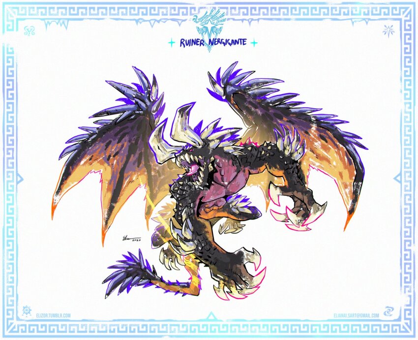 border character_name claws dated dragon dragon_wings eliz0r email_address highres horns jumping monster monster_hunter:_world monster_hunter_(series) monster_hunter_world:_iceborne no_humans open_mouth ruiner_nergigante sharp_teeth signature simple_background spikes tail teeth tongue tumblr_username wings