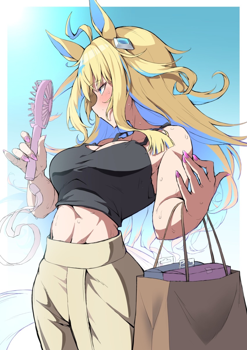 1girl absurdres ahoge animal_ears bag blonde_hair blue_hair blush breasts brown_bag cleavage colored_inner_hair crop_top fingernails hand_fan hekahire_isurus highres holding holding_bag holding_fan horse_ears horse_girl horse_tail long_hair looking_to_the_side medium_breasts midriff multicolored_hair nail_polish neo_universe_(umamusume) pants pink_nails solo sweat tail two-tone_hair umamusume yellow_pants