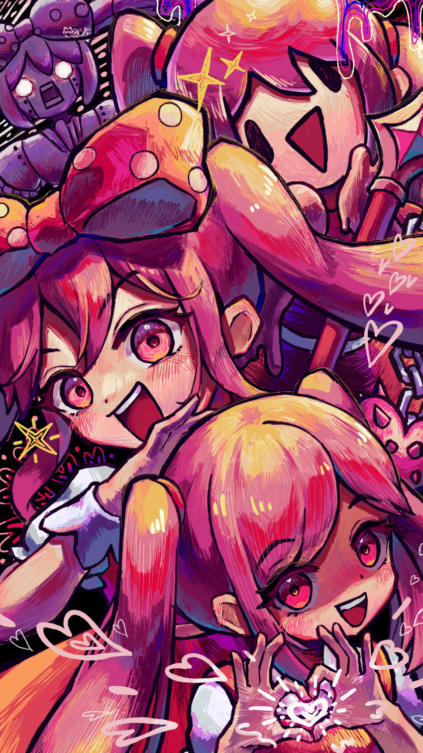 4girls absurdres bow hair_bow heart heart-shaped_pupils heart_hands highres holding_flail long_hair looking_at_viewer multiple_girls mutantheart_(omori) nekoda_jiya ojou-sama_pose omori open_mouth perfectheart_(omori) pink_bow pink_hair polka_dot polka_dot_bow puffy_short_sleeves puffy_sleeves roboheart_(omori) robot short_sleeves smile sweetheart_(omori) symbol-shaped_pupils teeth triangle_mouth twintails upper_teeth_only