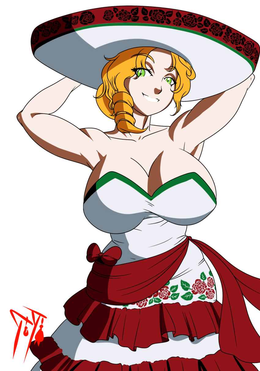 1girl alternate_costume armpits arms_behind_head artist_name blonde_hair breasts cleavage dress glynda_goodwitch green_eyes half-closed_eyes hat highres large_breasts long_hair looking_at_viewer mature_female mexican_dress mexico parted_lips rwby seductive_gaze seductive_smile smile solo sombrero suicidetoto