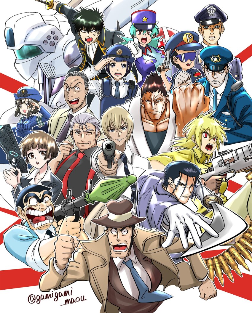 6+boys aiming aiming_at_viewer amuro_tooru av-98_ingram black_hair black_hat black_necktie black_shirt blonde_hair blue_hat blue_jacket blue_necktie brown_hair brown_hat brown_jacket character_request cigarette closed_mouth collared_shirt copyright_request crossed_bangs crossover dr._slump fighting_stance gamigami_maou_(artist) gatotsu_stance gintama grey_hair gun hair_between_eyes handgun hat hellsing highres higurashi_no_naku_koro_ni hijikata_toushirou holding holding_cigarette holding_gun holding_poke_ball holding_sword holding_weapon jacket jashin-chan_dropkick jenny_(pokemon) jojo_no_kimyou_na_bouken kidou_keisatsu_patlabor kochikame leone_abbacchio looking_at_viewer lupin_iii mecha meitantei_conan multiple_boys multiple_crossover multiple_drawing_challenge multiple_girls muscular necktie nintendo old old_man one_eye_closed ooishi_kuraudo open_clothes open_jacket open_mouth pointing pointing_at_viewer poke_ball poke_ball_(basic) pokemon pokemon_(anime) pokemon_(classic_anime) police police_hat police_uniform policeman policewoman red_eyes red_necktie robot rurouni_kenshin ryoutsu_kankichi saitou_hajime_(rurouni_kenshin) salute seras_victoria serious shirt short_hair smile soramame_tarou sunglasses suspenders sword tachibana_mei_(jashin-chan_dropkick) teeth tongue trait_connection twitter_username vento_aureo weapon white_shirt yellow_jacket zenigata_kouichi