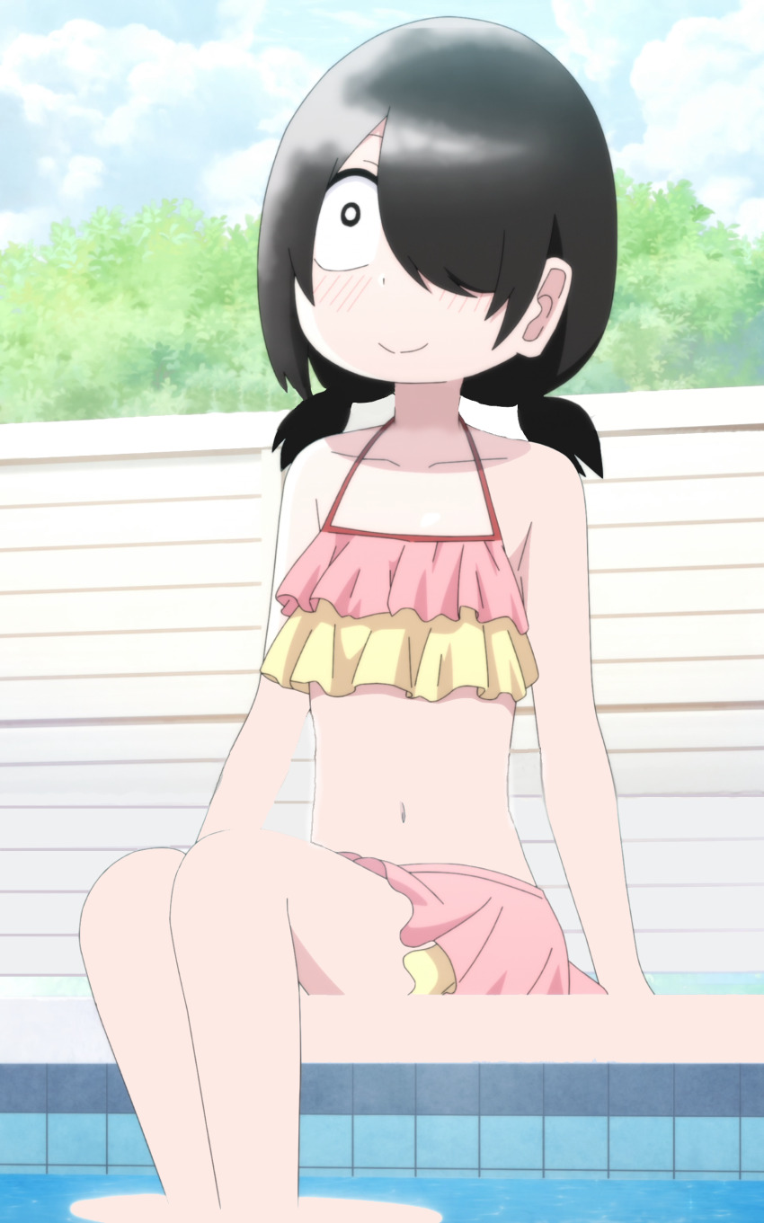 1girl absurdres anime_screenshot arm_support arms_at_sides artist_request bikini bikini_skirt black_hair blue_sky closed_mouth cloud cloudy_sky collarbone constricted_pupils day feet_out_of_frame fence flat_chest halterneck highres jijou_wo_shiranai_tenkousei_ga_guigui_kuru. layered_bikini looking_afar low_twintails medium_hair multicolored_bikini nishimura_akane non-web_source outdoors parted_bangs pink_bikini pool poolside short_twintails sitting sky smile soaking_feet solo split swimsuit tile_wall tiles tree twintails two-tone_bikini water yellow_bikini