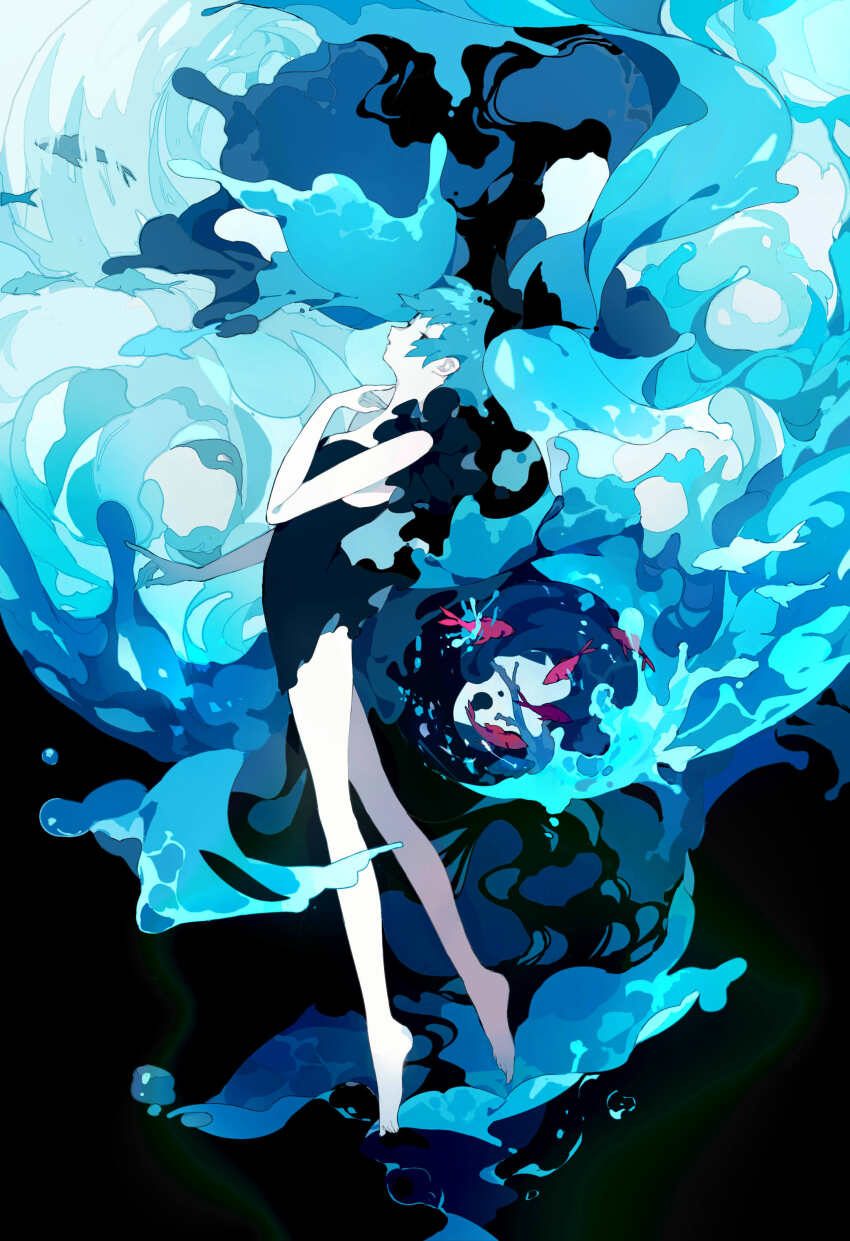 1girl absurdly_long_hair absurdres air_bubble animal bare_arms bare_legs bare_shoulders barefoot black_background black_bow black_dress black_eyes blue_hair blue_theme bow bubble colored_skin commentary dress fish floating_hair from_side full_body hair_bow hand_on_own_neck hand_up hatsune_miku heart highres leaning_back liquid_hair long_hair looking_up n79oqc3yja6jlof parted_lips plantar_flexion profile reaching revision shinkai_shoujo_(vocaloid) short_dress sidelocks sleeveless sleeveless_dress solo tiptoes twintails underwater very_long_hair vocaloid water white_skin