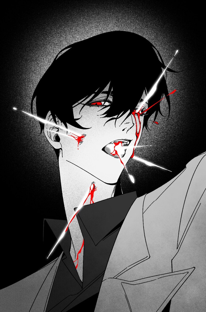 1boy attack benkdjjituibot black_background black_hair black_shirt blood blood_from_mouth blood_on_face bloody_tears bullet_hole coat collared_shirt greyscale head_tilt highres imminent_death injury kim_dokja looking_at_viewer male_focus monochrome omniscient_reader&#039;s_viewpoint open_mouth projectile_trail red_eyes shirt short_hair solo teeth tongue tongue_out upper_body upper_teeth_only white_coat
