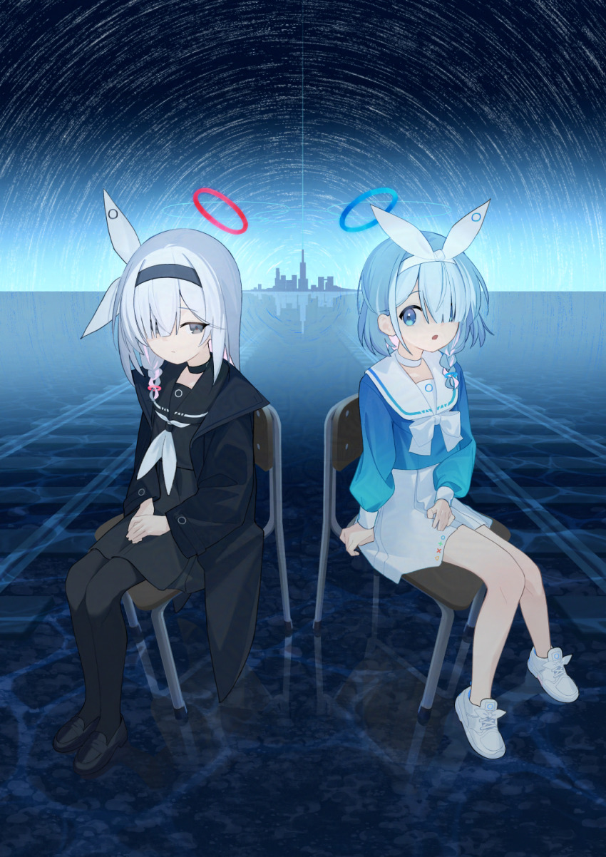 2girls anohito401 arona_(blue_archive) black_eyes black_hairband black_pantyhose black_shirt black_skirt blue_archive blue_eyes blue_hair blue_halo blue_shirt braid choker hair_over_one_eye hairband halo highres long_sleeves looking_at_another multiple_girls neckerchief on_chair one_eye_covered open_mouth outdoors pantyhose plana_(blue_archive) red_halo reflection school_uniform shirt shoes short_hair side_braid sitting skirt sky star_(sky) star_trail starry_sky white_choker white_footwear white_neckerchief white_skirt