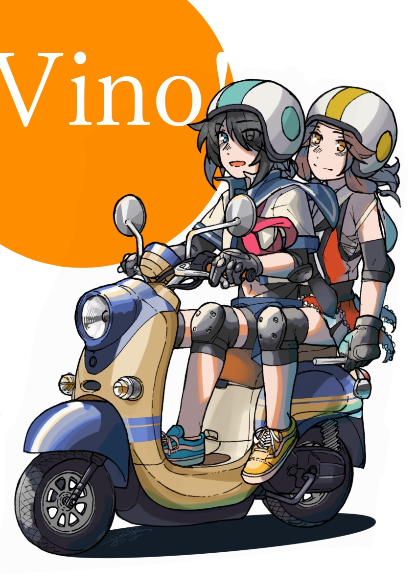 2girls absurdres ahoge black_gloves black_hair blue_sailor_collar blue_skirt brown_eyes brown_hair buttons commission double-breasted elbow_gloves gloves hair_ornament hairclip helmet highres jintsuu_(kancolle) jintsuu_kai_ni_(kancolle) kako_(kancolle) kako_kai_ni_(kancolle) kantai_collection knee_pads long_hair motor_vehicle multiple_girls parted_bangs pleated_skirt sadakuma sailor_collar school_uniform scooter serafuku shirt shoes skeb_commission skirt sleeveless sleeveless_shirt sneakers white_skirt yamaha_vino