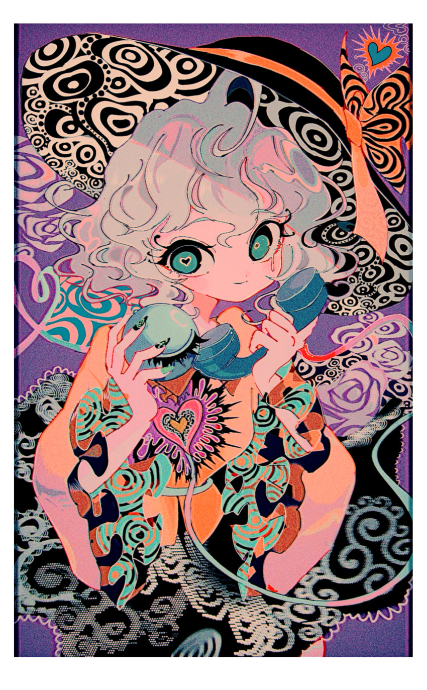 1girl absurdres blouse border bow comkdom commentary crying crying_with_eyes_open curly_hair eyelash_ornament film_grain flower frilled_sleeves frills green_eyes hands_up hat hat_bow heart heart-shaped_pupils heart_of_string highres holding holding_phone komeiji_koishi light_blush light_smile long_sleeves looking_at_viewer mismatched_pupils multicolored_bow multicolored_nails phone psychedelic purple_background rose shirt short_hair skirt solo symbol-shaped_pupils tears third_eye touhou white_border wide_sleeves yellow_shirt