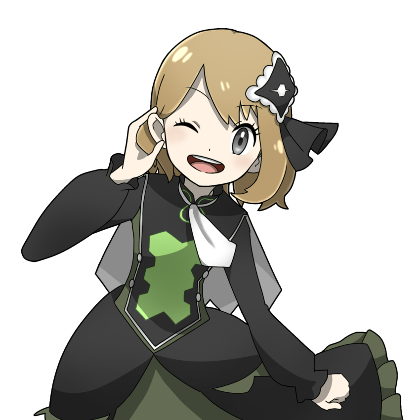 1girl ascot commentary_request grey_eyes highres light_brown_hair long_sleeves looking_at_viewer nintendo official_alternate_costume open_mouth pokemon pokemon_masters_ex ror_(meisakutaro) serena_(pokemon) serena_(sygna_suit)_(pokemon) short_hair simple_background smile solo white_background