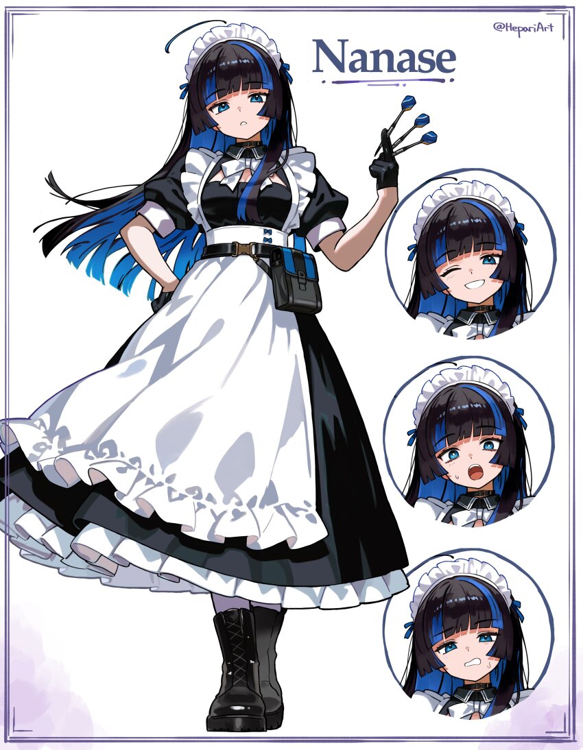 1girl absurdres ahoge black_boots black_gloves black_hair blue_eyes blue_hair blunt_bangs boots breasts colored_inner_hair dart disgust dress full_body gloves half_gloves hand_on_own_hip hepari highres hime_cut holding_dart long_dress looking_at_viewer maid maid_headdress multicolored_hair multiple_views one_eye_closed original pantyhose parted_lips puffy_sleeves short_sleeves simple_background small_breasts smile solo straight_hair surprised twitter_username two-tone_hair white_background white_pantyhose wind