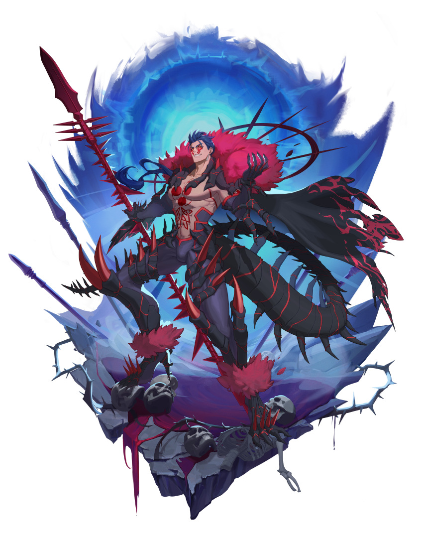 1boy abs absurdres artist_request black_cape black_nails blue_bodysuit blue_gloves blue_hair bodysuit cape chest_tattoo cu_chulainn_(fate) cu_chulainn_alter_(fate) cu_chulainn_alter_(third_ascension)_(fate) earrings elbow_gloves facial_tattoo fate/grand_order fate_(series) fingernails full_body gae_bolg_(fate) gloves grin highres holding holding_polearm holding_weapon jewelry long_hair looking_at_viewer male_focus monster_boy muscular nail_polish polearm red_eyes sharp_teeth skeleton skull smile solo spiked_tail spikes standing tail tattoo teeth weapon white_background
