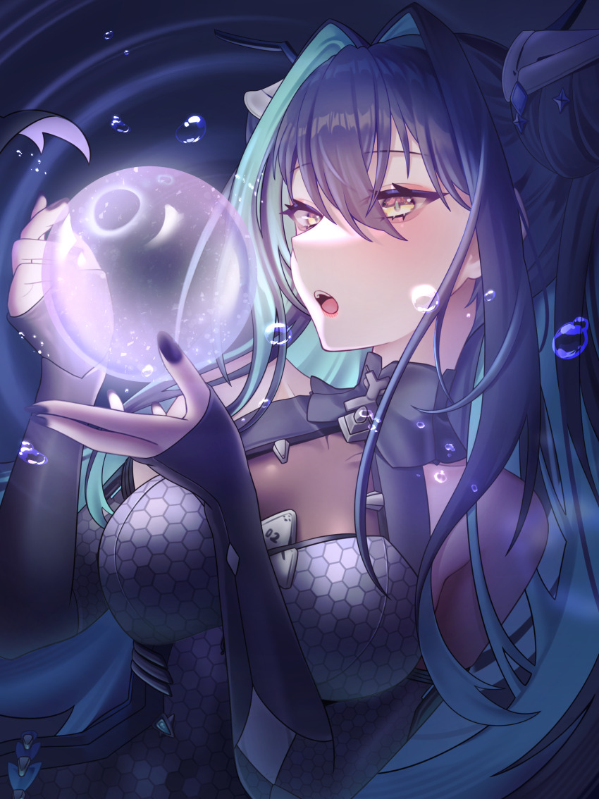 1girl backless_bodysuit backless_outfit black_bodysuit black_gloves blue_background bodysuit breasts bubble colored_inner_hair drill_hair elbow_gloves fingerless_gloves gloves goddess_of_victory:_nikke hair_intakes hair_ornament halterneck highres huazhimaru0 light_blush little_mermaid_(nikke) long_hair looking_up medium_breasts multicolored_hair nail_polish open_mouth parted_lips pink_hair purple_nails see-through_bodysuit see-through_clothes solo streaked_hair teeth twin_drills underwater upper_body upper_teeth_only yellow_eyes