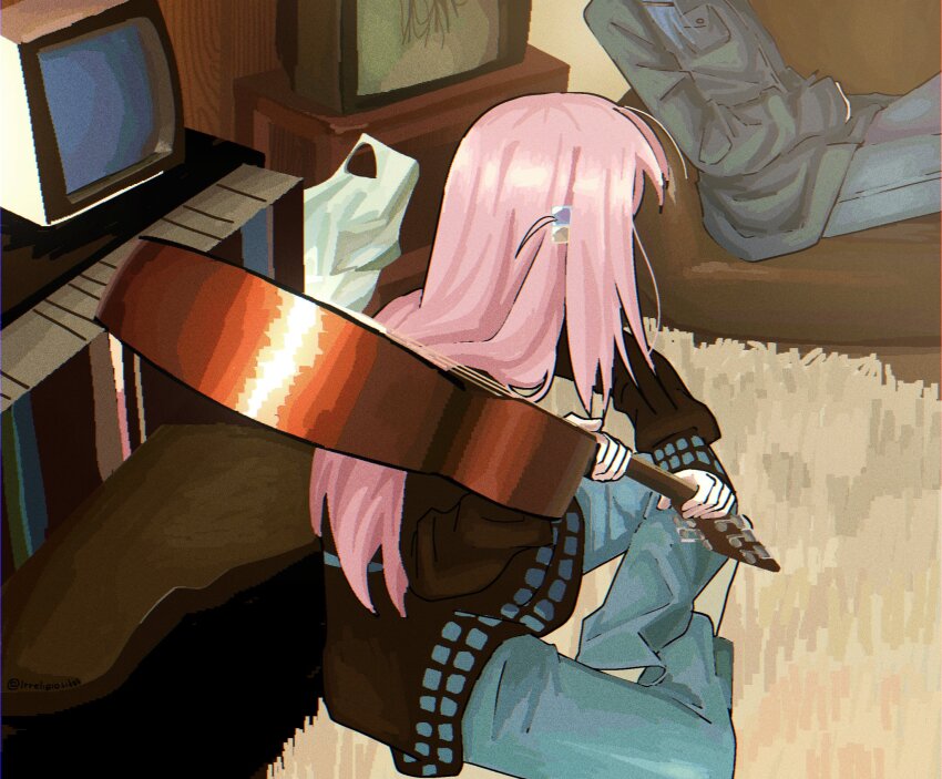 2girls acoustic_guitar alternate_costume bag bocchi_the_rock! carpet crt cube_hair_ornament from_behind from_side gotoh_hitori guitar hair_ornament highres holding holding_guitar holding_instrument indian_style indoors instrument irreligiositat long_hair multiple_girls pink_hair plastic_bag sitting solo_focus wooden_wall yamada_ryo