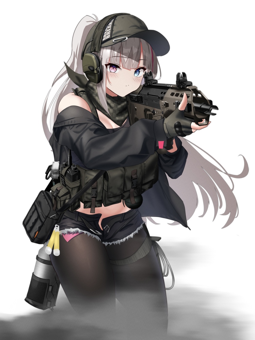 1girl absurdres aiming arena_breakout assault_rifle bandana bandana_around_neck baseball_cap battle_rifle belt black_jacket black_pantyhose black_shorts blue_eyes blush bullpup closed_mouth clothes_writing commentary_request commission cowboy_shot desert_tech_mdr ear_protection explosive fingerless_gloves flashbang girls&#039;_frontline gloves grenade gun hat heterochromia highres jacket lightstick load_bearing_vest long_hair mdr_(ddos_attack_force)_(girls&#039;_frontline) mdr_(girls&#039;_frontline) micro_shorts military multicolored_hair off_shoulder official_alternate_costume official_alternate_hairstyle open_belt open_fly pantyhose pink_eyes pink_hair pixiv_commission ponytail pouch rifle rynn_(rynn_cube) shorts simple_background smoke solo streaked_hair tactical_clothes two-tone_hair walkie-talkie weapon white_background white_hair