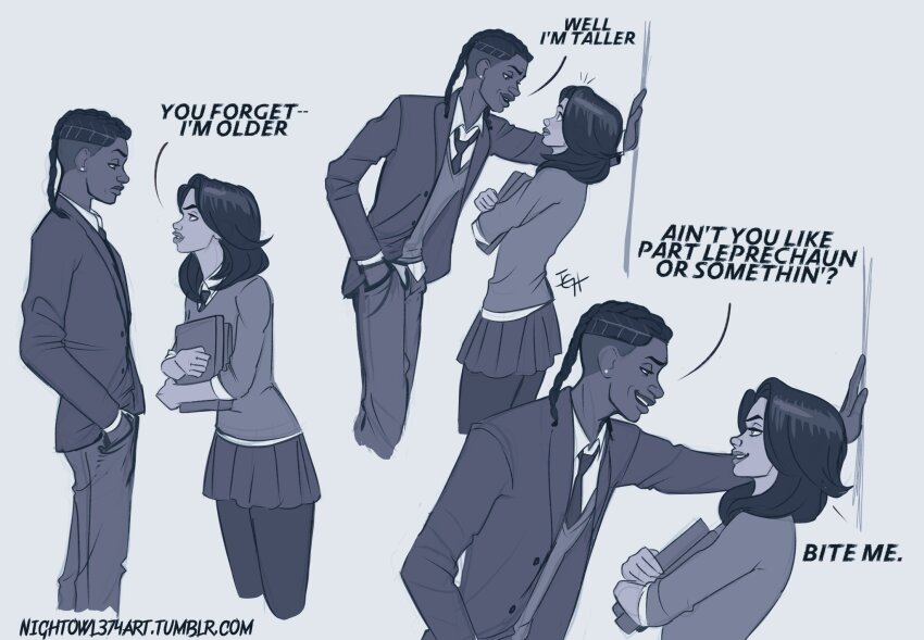 1boy 1girl artist_name couple curly_hair dreadlocks elegantshadow39 english_text gwen_stacy highres looking_at_another marvel miles_g._morales miles_morales school_uniform signature simple_background spider-man:_across_the_spider-verse spider-man_(series) spider-verse twitter_username