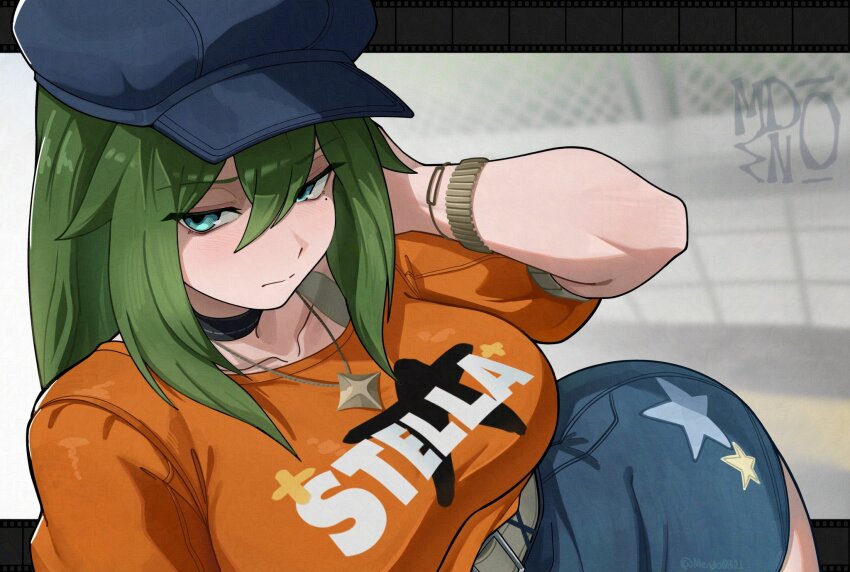 1girl belt blue_hat bracelet breasts denim green_eyes green_hair hat highres jewelry mendo0821 mole mole_under_eye necklace official_alternate_costume orange_shirt shirt solo star_(symbol) star_necklace venus_(zenless_zone_zero) zenless_zone_zero