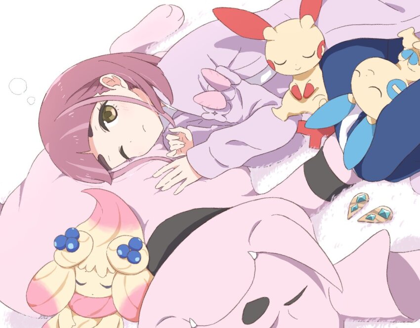 1girl alcremie alcremie_(berry_sweet) arched_bangs blueberry brown_eyes cardigan closed_eyes food fruit fujiyama_(yellow) gen_2_pokemon gen_3_pokemon gen_8_pokemon granbull hair_ornament hairclip lacey_(pokemon) long_sleeves looking_at_viewer minun nintendo one_eye_closed pink_hair plusle pokemon pokemon_(creature) pokemon_sv sleeping unworn_hair_ornament