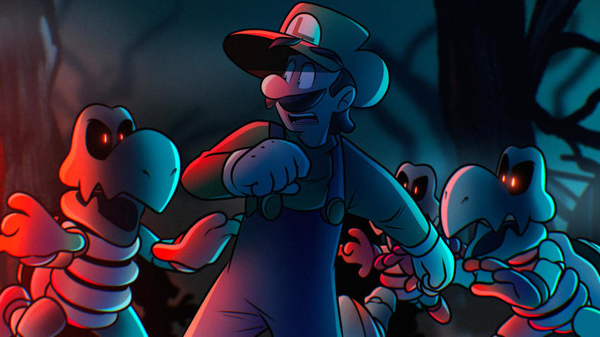 1boy brown_hair dry_bones facial_hair forest gloves hat luigi male_focus mario_(series) mustache nature night night_sky nintendo open_mouth overalls red_eyes scared skull sky the_super_mario_bros._movie
