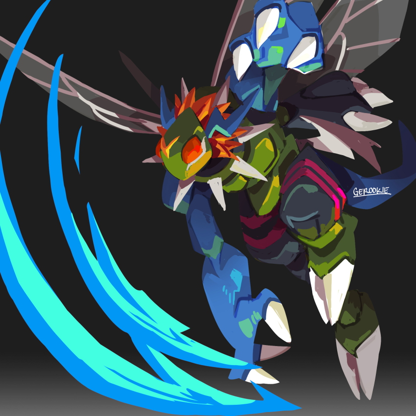 brown_hair bug digimon digimon_(creature) dinobeemon dragon fewer_digits full_body gero_rivera green_arm green_helmet helmet highres insect_wings no_humans short_hair slashing solo wings