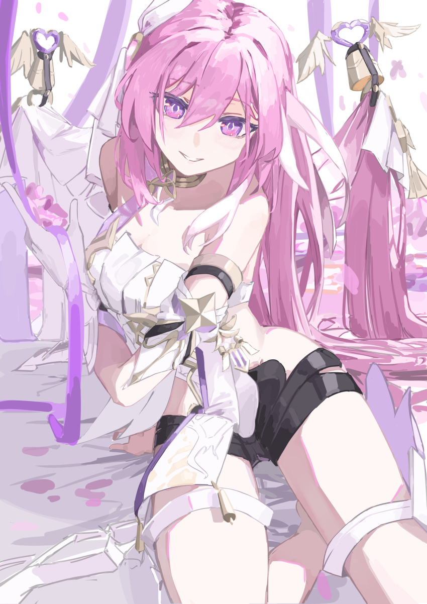 1girl absurdres bare_shoulders black_shorts breasts commentary diamond-shaped_pupils diamond_(shape) elysia_(herrscher_of_human:_ego)_(honkai_impact) elysia_(honkai_impact) gloves hair_between_eyes hair_ornament highres honkai_(series) honkai_impact_3rd large_breasts leotard long_hair looking_at_viewer lupinu5 parted_lips pink_hair purple_eyes shorts sideless_leotard sitting smile solo symbol-shaped_pupils thighs very_long_hair white_gloves white_leotard