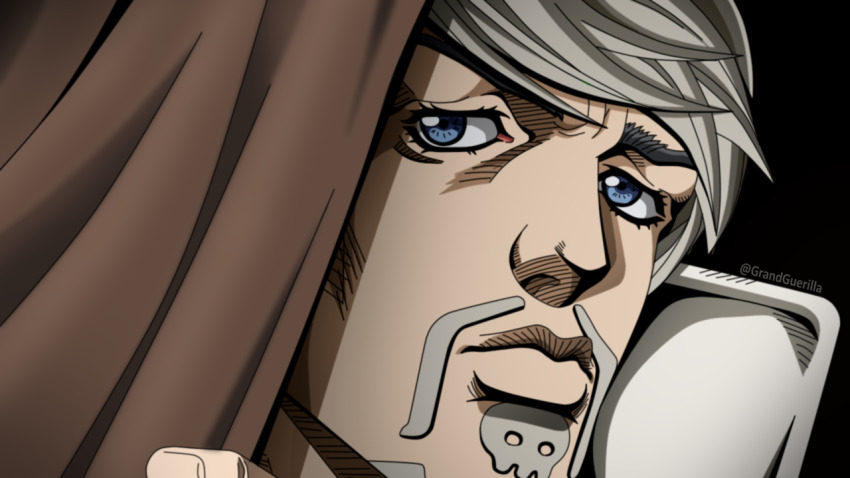 1boy araki_hirohiko_(style) black_background blue_eyes close-up closed_mouth curtains derivative_work facial_hair fake_screenshot frown goatee grandguerrilla grey_hair jojo_no_kimyou_na_bouken looking_at_viewer male_focus comic_panel_redraw official_style ringo_roadagain solo steel_ball_run twitter_username