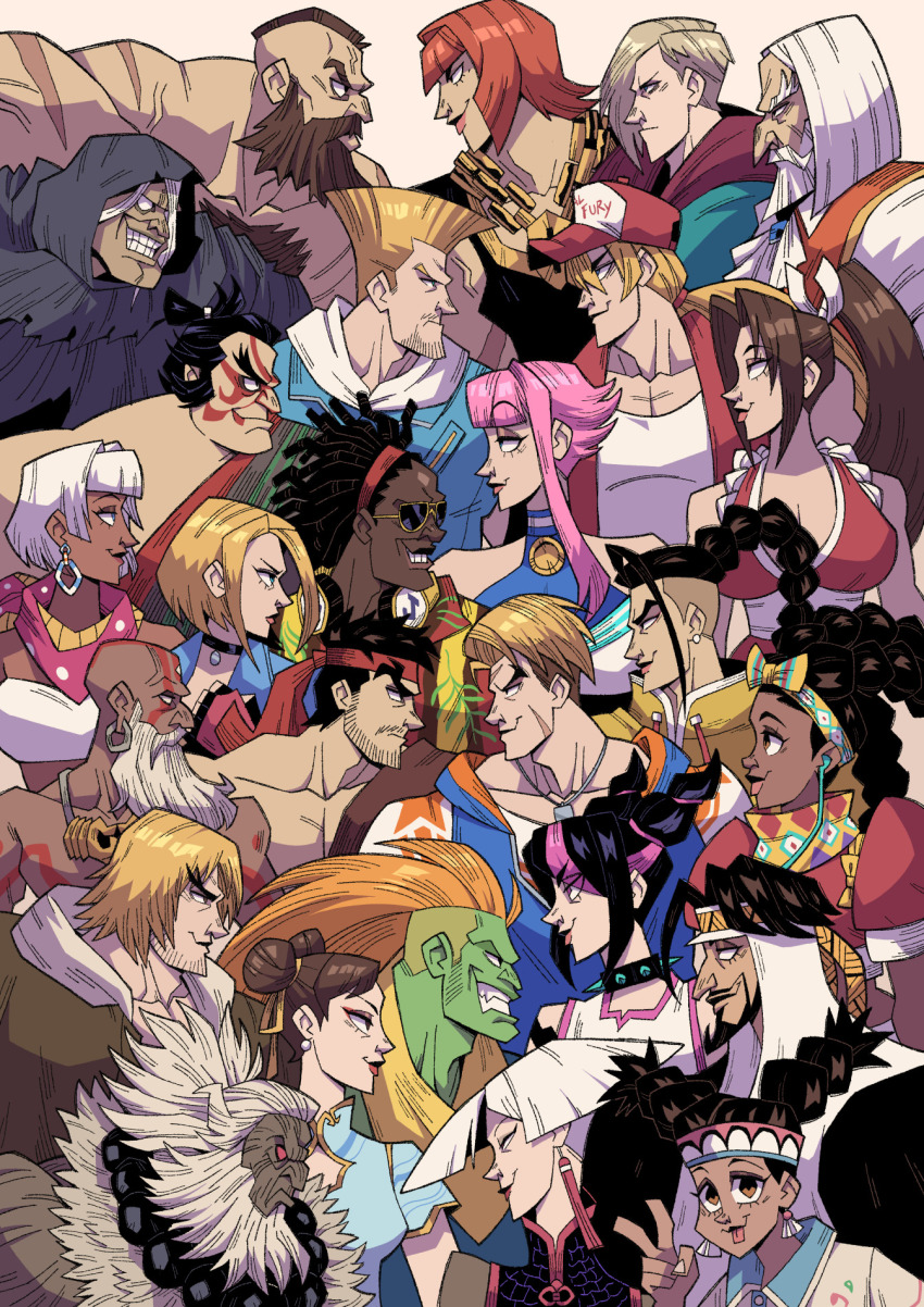 6+boys 6+girls a.k.i._(street_fighter) akuma_(street_fighter) bad_tag bald beard black_hair blanka cammy_white capcom chun-li colored_skin crossover dark-skinned_female dark-skinned_male dark_skin double_bun dreadlocks e._honda earrings ed_(street_fighter) elena_(street_fighter) everyone evil_smile facial_hair fatal_fury frown green_skin grey_hair guile hair_bun han_juri hidra_pink highres jamie_siu jewelry jp_(street_fighter) ken_masters kimberly_jackson lily_hawk looking_at_another looking_at_viewer luke_sullivan m._bison manon_legrand marisa_(street_fighter) marvel_vs._capcom multiple_boys multiple_girls muscular muscular_female muscular_male parody rashid_(street_fighter) red_eyes ryu_(street_fighter) shiranui_mai smile street_fighter street_fighter_6 terry_bogard v white_hair zangief