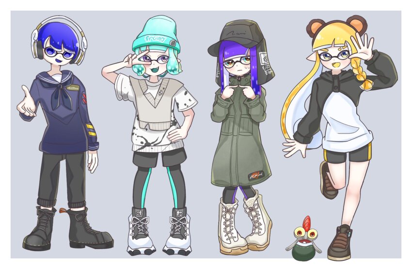 1boy 3girls :d animal_ear_hairband animal_ears aqua_hair aqua_headwear beanie bear_ears black_footwear black_headwear black_leggings black_pants black_shorts blonde_hair blue_eyes blue_hair blue_shirt boots border braid braided_sidelock brown_footwear brown_hairband closed_mouth commentary_request cross-laced_footwear eyebrow_cut fake_animal_ears green_jacket grey_background hairband hand_on_own_hip hat headphones highres index_fingers_together inkling inkling_boy inkling_girl inkling_player_character jacket knees_together_feet_apart leggings leggings_under_shorts long_hair long_sleeves looking_at_viewer medium_hair multiple_girls nintendo open_mouth outside_border pants pointy_ears purple_eyes purple_hair reaching reaching_towards_viewer sailor_collar sailor_shirt shirt shoes short_hair short_shorts shorts simple_background single_braid sleeves_past_wrists smallfry_(splatoon) smile splatoon_(series) splatoon_3 standing standing_on_one_leg tentacle_hair tonbofree two-tone_footwear v v_over_eye waving wavy_mouth white_border white_footwear yellow_eyes