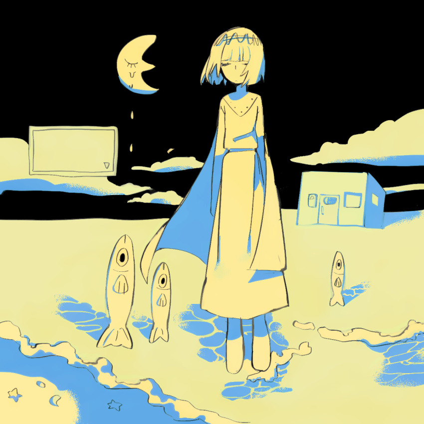 1boy androgynous arms_at_sides beach belt blunt_bangs bob_cut building cape caustics character_request closed_eyes closed_mouth crescent_moon crying dot_mouth expressionless facing_viewer famiresu_wo_kyouju_seyo fish floating floating_hair full_body highres limited_palette long_sleeves male_focus moon moon_with_face night ocean outdoors robe seashell shell solo soumenhiyamugi standing starfish surreal window