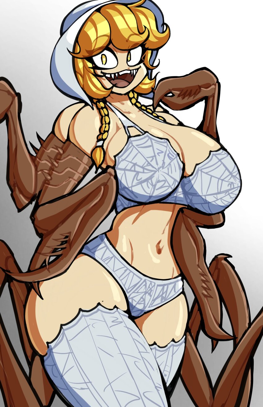 absurdres alternate_breast_size arthropod_girl bonnet bra braid breasts bright_pupils cleavage cliffside cordie_(cliffside) cowboy_shot extra_arms gradient_background hado_(zzzhadozzz) highres insect_girl large_breasts monster_girl navel open_mouth panties pincers shadow sharp_teeth silk smile spider_girl spider_web teeth thick_thighs thighhighs thighs twin_braids underwear underwear_only white_bra white_panties white_pupils white_thighhighs yellow_eyes