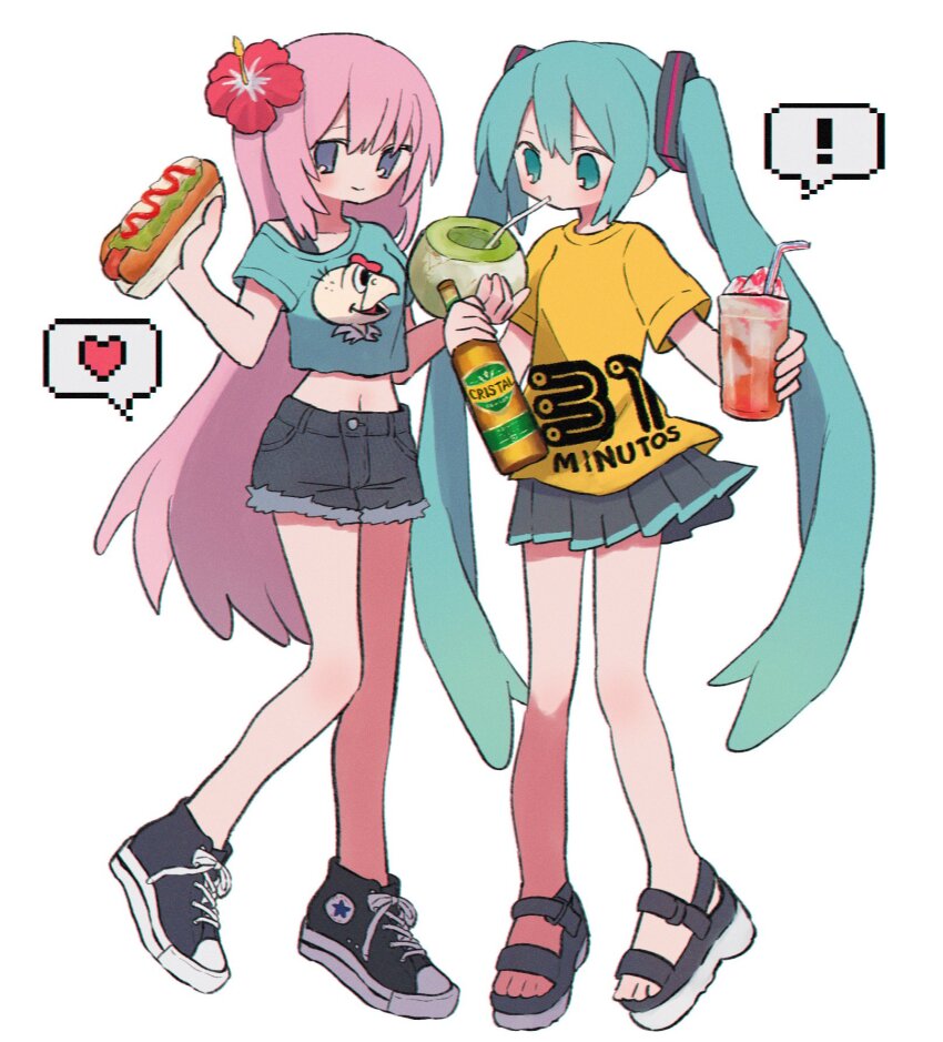 ! 2girls 31_minutos alcohol aqua_eyes aqua_hair aqua_shirt bare_legs beer black_footwear blue_eyes bottle bra_strap cerveza_cristal character_print chile condorito condorito_(character) crop_top cup denim denim_shorts drink drinking drinking_straw flower food fruit grey_skirt hair_between_eyes hair_flower hair_ornament hatsune_miku heart hibiscus highres holding holding_bottle holding_cup holding_drink holding_food holding_fruit honeydew_(fruit) hot_dog ice_cream jeans legs logo_print long_hair megurine_luka melon midriff multiple_girls navel off_shoulder pants pink_hair pixelated pleated_skirt red_flower ri_(qrcode) sandals shirt shoes shorts sidelocks skirt sneakers speech_bubble spoken_exclamation_mark spoken_heart sports_sandals t-shirt torn_clothes torn_jeans torn_pants twintails very_long_hair vocaloid yellow_shirt