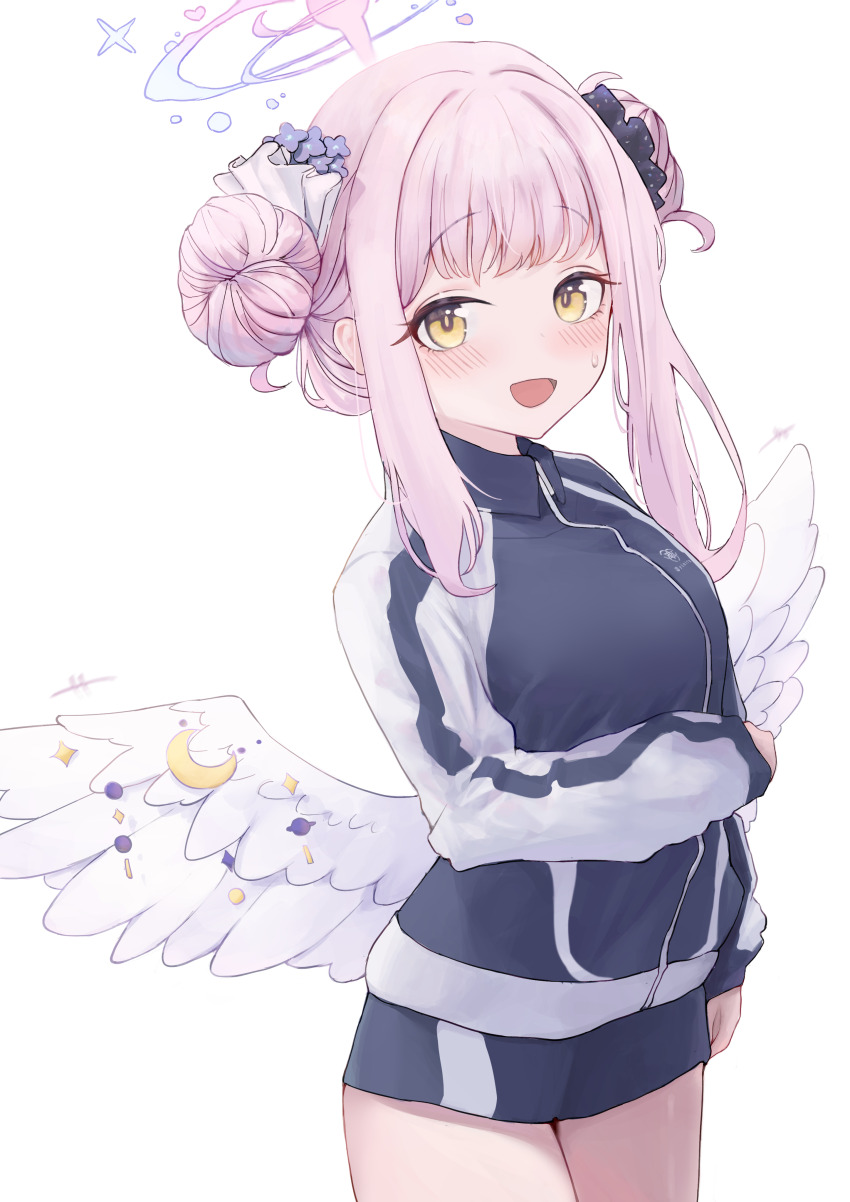 1girl absurdres blue_archive blue_flower blue_jacket blue_shorts blush double_bun feathered_wings flower hair_between_eyes hair_bun highres jacket long_hair looking_at_viewer mika_(blue_archive) nekoplanetouo official_alternate_costume open_mouth pink_hair purple_scrunchie scrunchie shorts sidelocks white_scrunchie wing_ornament wings yellow_eyes