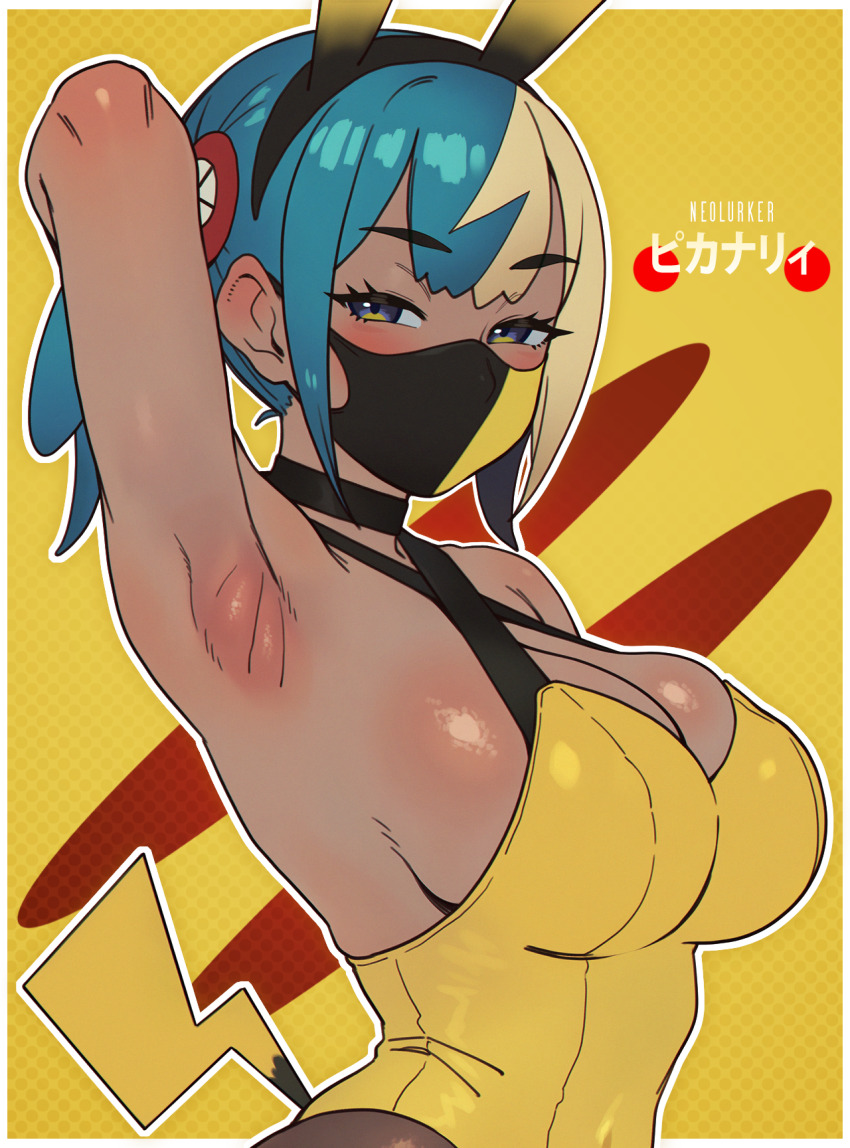 1girl animal_ear_hairband animal_ears aqua_hair arm_up armpits black_choker blonde_hair blue_eyes breasts canari_(pokemon) choker cleavage cosplay dark-skinned_female dark_skin fake_animal_ears gen_1_pokemon gradient_eyes hairband highres large_breasts leotard looking_at_viewer mask mouth_mask multicolored_eyes multicolored_hair neolurker nintendo pikachu pikachu_(cosplay) pokemon pokemon_legends:_z-a sideboob solo split-color_hair twintails upper_body yellow_background yellow_leotard yellow_tail