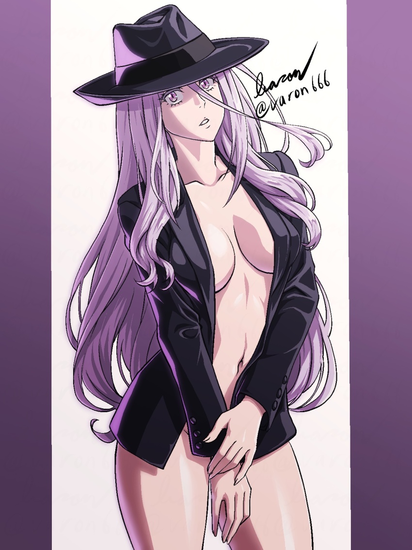 1girl baron_(varon666) black_hat breasts cleavage collarbone fuuto_tantei hat highres jacket large_breasts long_hair looking_at_viewer matching_hair/eyes navel no_bra no_panties open_clothes open_jacket pink_eyes pink_hair simple_background solo tokime_(fuuto_tantei) varon white_background