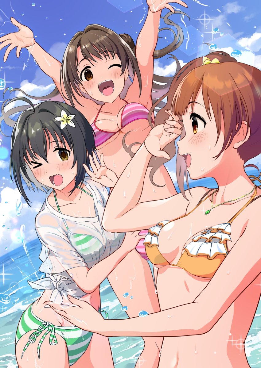 3girls absurdres ahoge arms_up bikini black_hair breasts brown_eyes brown_hair flower frilled_bikini frills green_bikini hair_flower hair_ornament highres idolmaster idolmaster_cinderella_girls igarashi_kyoko kohinata_miho large_breasts long_hair medium_breasts multiple_girls natsuya_(natuya777) navel ocean one_eye_closed open_mouth pink_bikini see-through_clothes shimamura_uzuki shirt short_hair short_sleeves side-tie_bikini_bottom smile stomach string_bikini swimsuit tied_shirt wet wet_clothes wet_shirt white_shirt yellow_bikini