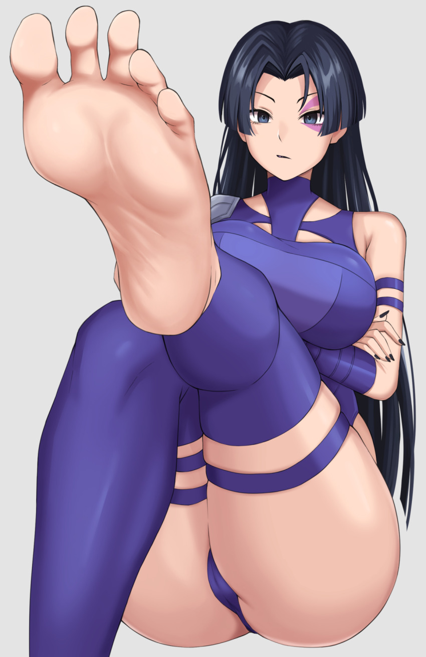 1girl barefoot black_eyes black_hair crossed_arms feet foot_up gorgenzolla highres long_hair looking_at_viewer marvel marvel_rivals psylocke_(marvel_rivals) soles toes