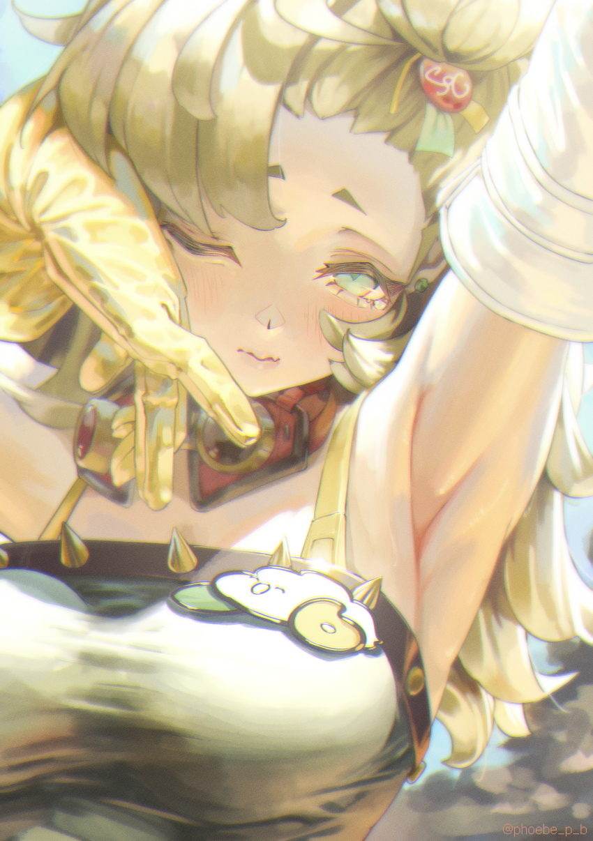 1girl absurdres arm_up armpits blonde_hair breasts gloves goggles goggles_around_neck green_eyes highres long_hair one_eye_closed phoebe_(user_vvpf4584) piper_wheel small_breasts spikes yellow_gloves zenless_zone_zero