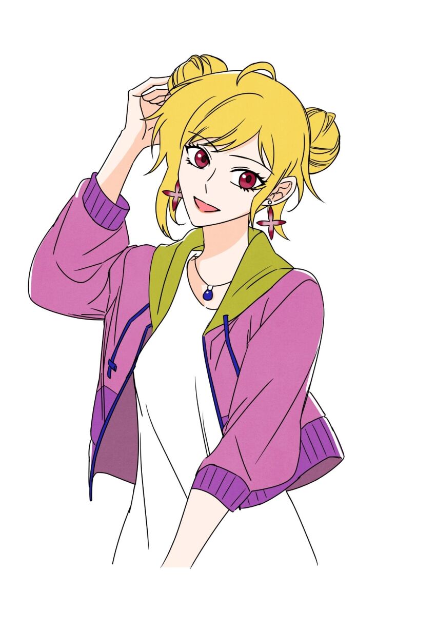 1girl aged_up digimon digimon_survive earrings female_focus highres jewelry kimishima_saki looking_at_viewer simple_background solo white_background