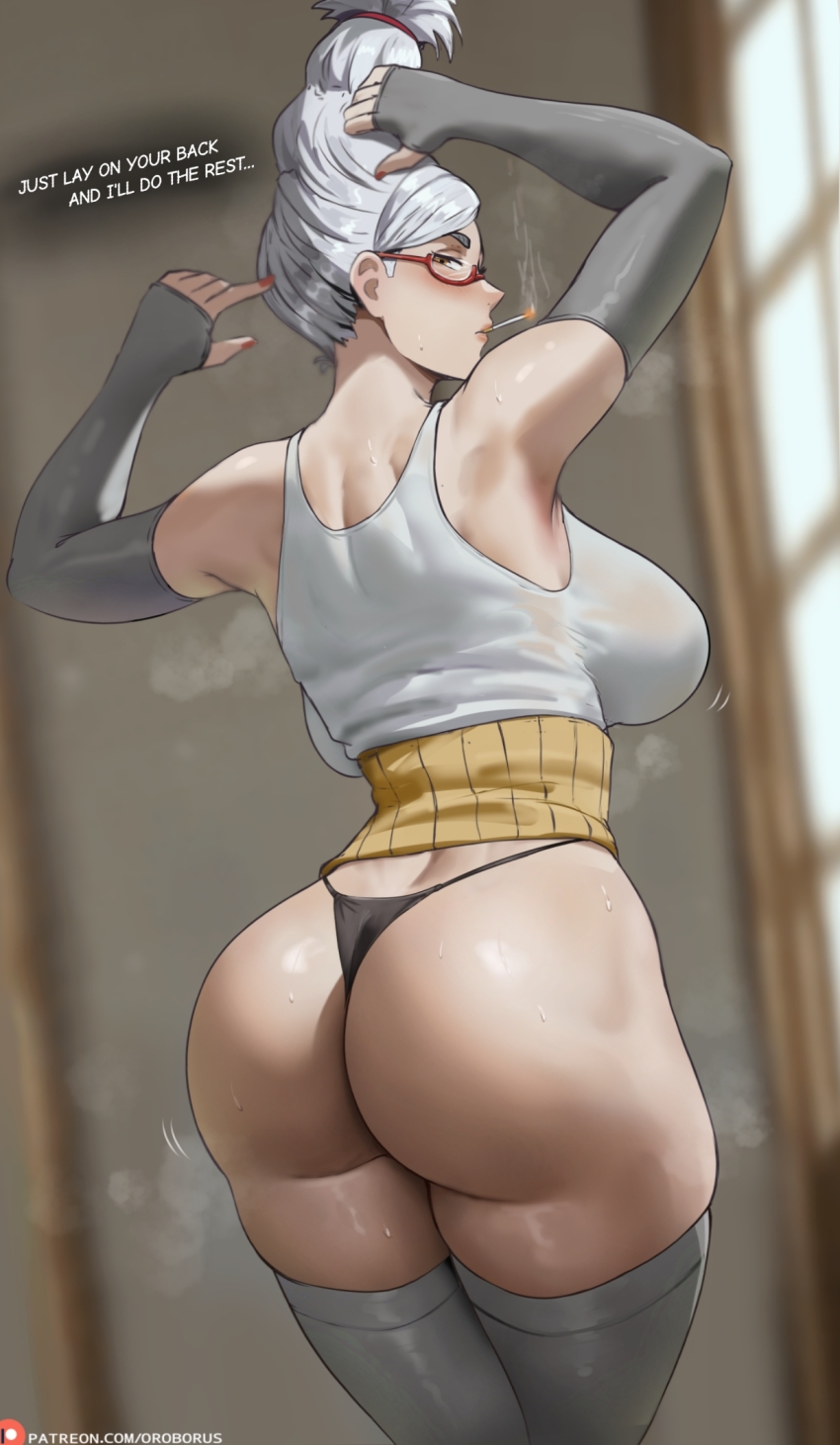 1girl armpits ass ayase_seiko beehive_hairdo black_panties breasts brown_eyes cigarette commentary dandadan fingernails from_behind glasses grey_thighhighs highres huge_ass large_breasts long_hair looking_at_viewer looking_back mature_female nail_polish oroborus panties patreon_logo patreon_username red-framed_eyewear red_nails semi-rimless_eyewear shiny_butt shiny_skin shirt short_hair sideboob smoking solo standing steaming_body sweat tall_hair thighhighs thong underwear white_hair white_shirt