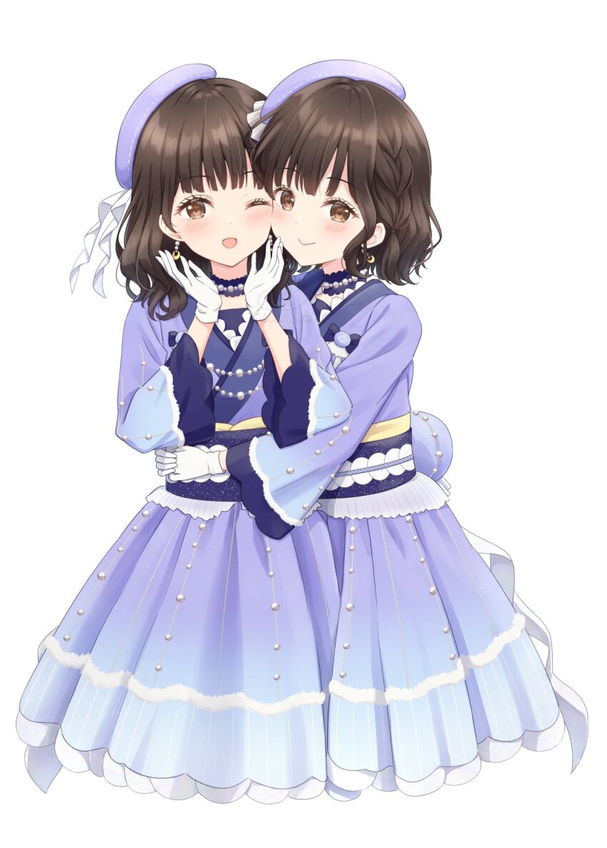 2girls ;d animification beret blue_skirt blunt_bangs blush braid brown_eyes brown_hair closed_mouth commentary_request crescent crescent_earrings earrings flower_stand_art gloves hanazora_satsuki hat highres hug japanese_clothes jewelry kimono link!_like!_love_live! long_sleeves love_live! love_live!_series_asia_tour_2024 medium_hair medium_skirt multiple_girls nirei_nozomi one_eye_closed open_mouth purple_hat purple_kimono purple_skirt real_life sakurai_hina side_braid sidelocks simple_background skirt smile tilted_headwear tsukuyomi_kurage voice_actor wavy_hair white_background white_gloves