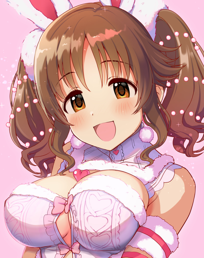 1girl animal_ears armlet bare_shoulders breasts brown_eyes brown_hair cleavage cleavage_cutout clothing_cutout detached_collar earrings fur_trim heart heart_necklace highres idolmaster idolmaster_cinderella_girls jewelry large_breasts looking_at_viewer natsuya_(natuya777) necklace official_alternate_costume open_mouth rabbit_ears smile solo totoki_airi twintails wavy_hair