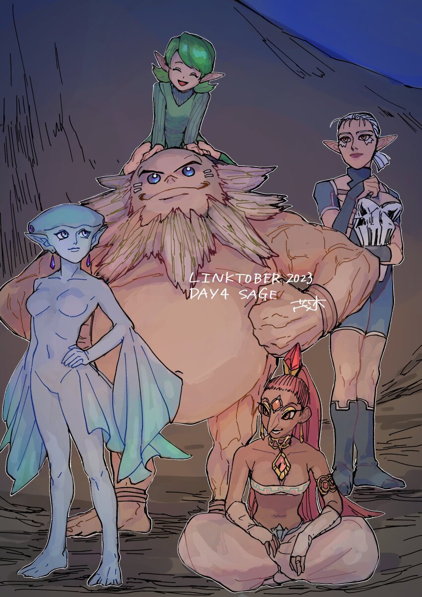 1boy 2023 4girls absurdres armor baggy_pants beard blue_eyes boots breasts bridal_gauntlets closed_eyes collarbone crossed_legs dark-skinned_female dark_skin darunia dated earrings eyeshadow facial_hair fingerless_gloves fins fish_girl forehead_jewel gem gerudo gloves goron green_hair halterneck hand_on_own_hip hands_on_own_hips harem_pants head_fins high_ponytail highres impa jewelry kokiri large_breasts lipstick long_hair makeup multiple_girls muscular muscular_male nabooru navel necklace nintendo pants pink_lips pointy_ears ponytail princess_ruto purple_eyes red_eyes red_hair saria_(zelda) shorts shrub_mtg sitting smile standing strapless sweater the_legend_of_zelda the_legend_of_zelda:_ocarina_of_time tube_top tunic turtleneck turtleneck_sweater white_hair zora