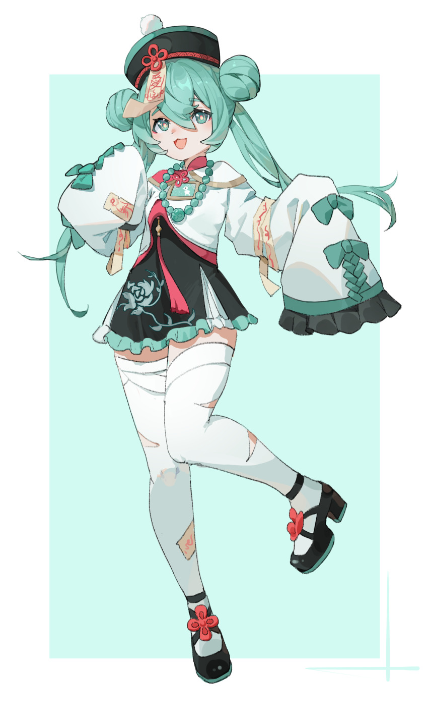 1girl absurdres aqua_background aqua_eyes aqua_hair black_footwear black_hat black_skirt border chain chain_necklace chinese_clothes clothing_request commentary_request double_bun frilled_skirt frilled_sleeves frills full_body hair_bun hat hatsune_miku highres jewelry jiangshi kuweichuanxin_jr long_hair long_sleeves necklace ofuda open_mouth qingdai_guanmao skirt sleeves_past_fingers sleeves_past_wrists solo standing standing_on_one_leg thighhighs torn_clothes torn_thighhighs vocaloid white_border white_thighhighs wide_sleeves yellow_pupils