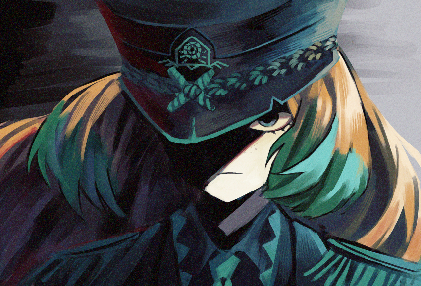 1girl aqua_eyes black_shirt blind_obsession_(e.g.o) closed_mouth collared_shirt colored_tips e.g.o_(project_moon) epaulettes freckles gradient_background green_hair grey_background hat highres ishmael_(project_moon) kitaku_(ienikaeru) lapels limbus_company long_hair multicolored_hair orange_hair peaked_cap portrait project_moon serious shaded_face shirt solo