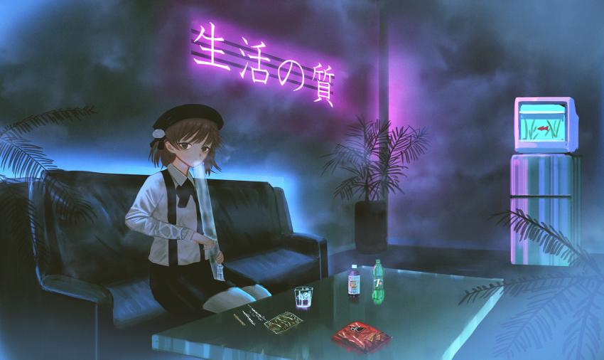 1girl 7up black_bow black_bowtie black_eyes black_hat black_shorts bong bow bowtie brown_hair cocaine collared_shirt commentary couch crt doritos drugged drugs english_commentary feet_out_of_frame glass_table hat hatoba_tsugu highres indoors kojomi_(7j543) lean_(drink) looking_at_viewer marijuana neon_lights plant potted_plant refrigerator shirt short_hair shorts smoke solo suspenders table television tsugu_(vtuber) virtual_youtuber white_shirt
