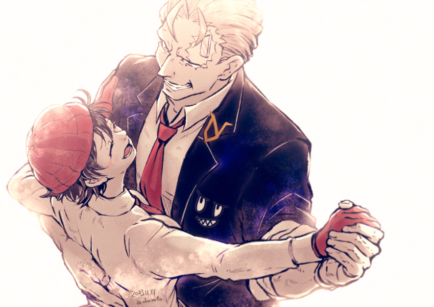 1boy 1girl 1other andy_(undead_unluck) aoharuto artist_name black_hair black_jacket closed_eyes clothes_(undead_unluck) dancing dated formal_clothes gloves grey_hair hat hetero highres izumo_fuuko jacket looking_at_another necktie red_gloves red_hat red_necktie scar scar_on_face scar_on_forehead shirt short_hair skullcap smile suit undead_unluck white_background white_shirt