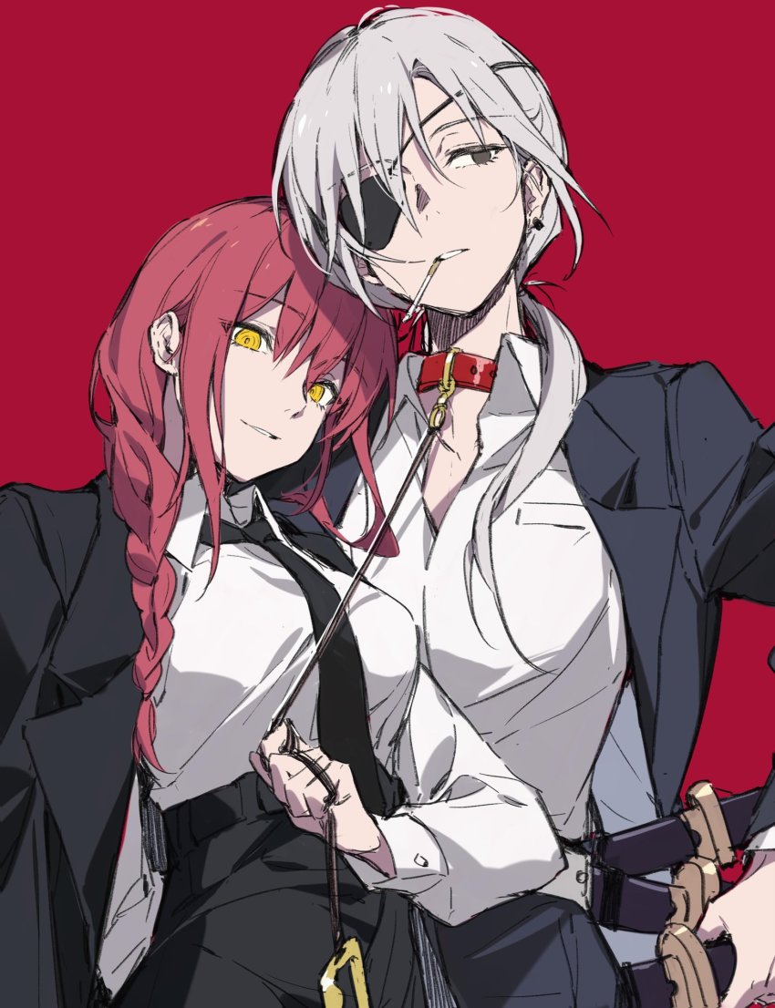 2girls bdsm black_necktie black_suit braid braided_ponytail breasts brown_hair business_suit chainsaw_man cigarette collar couple ear_piercing earrings eyepatch femdom formal_clothes height_difference highres jewelry leash leash_pull light_smile long_hair long_jacket looking_at_viewer makima_(chainsaw_man) medium_breasts multiple_girls necktie oyo_hitsuji piercing ponytail quanxi_(chainsaw_man) ringed_eyes shirt_tucked_in slave smile smoking suit sword weapon white_hair yellow_eyes yuri